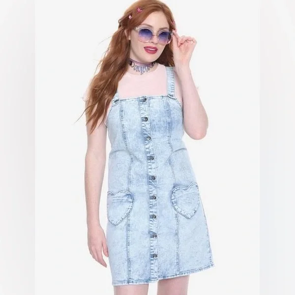 Blackheart Heart Pocket Acid Wash Denim overall Dress - Picture 2 of 5